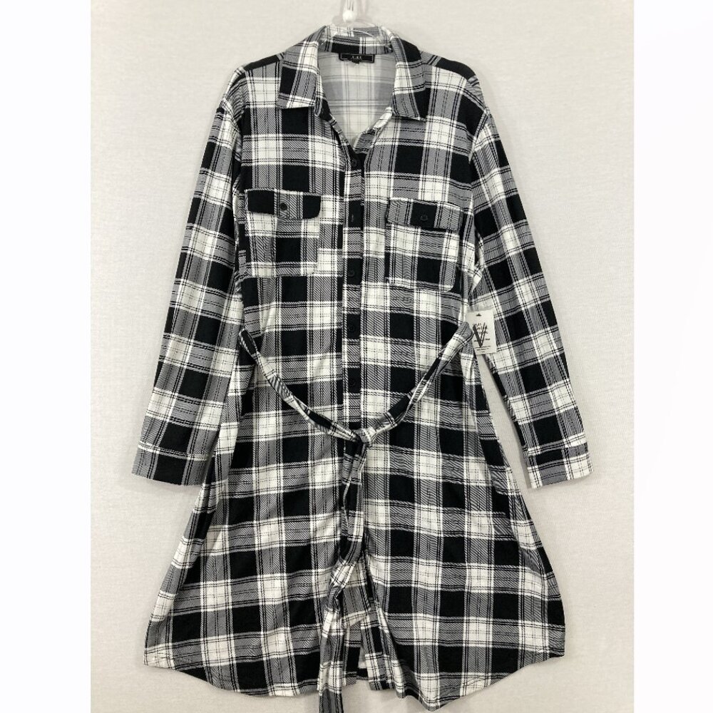 New Vibe Black White Plaid Stretch Long Sleeve Belted Shirt Midi Dress 2X